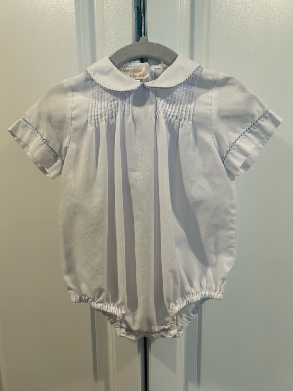 Sir John White Peter Pan Collar Baby Bubble with Blue Trim